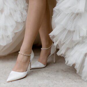 USED once -Daniela - Satin Pointed Toe Stiletto With Ankle Bracelet - Soft White